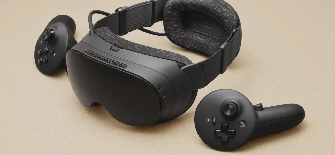Steam Frame VR headset resting on a flat surface with two matching black controllers beside it.
