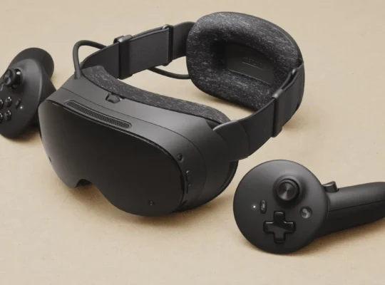 Steam Frame VR headset resting on a flat surface with two matching black controllers beside it.