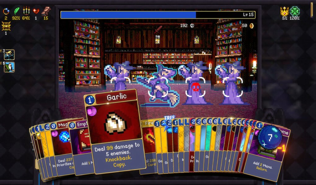 Gameplay screenshot from Vampire Crawlers showing turn-based combat with enemy witches and a hand of ability cards.