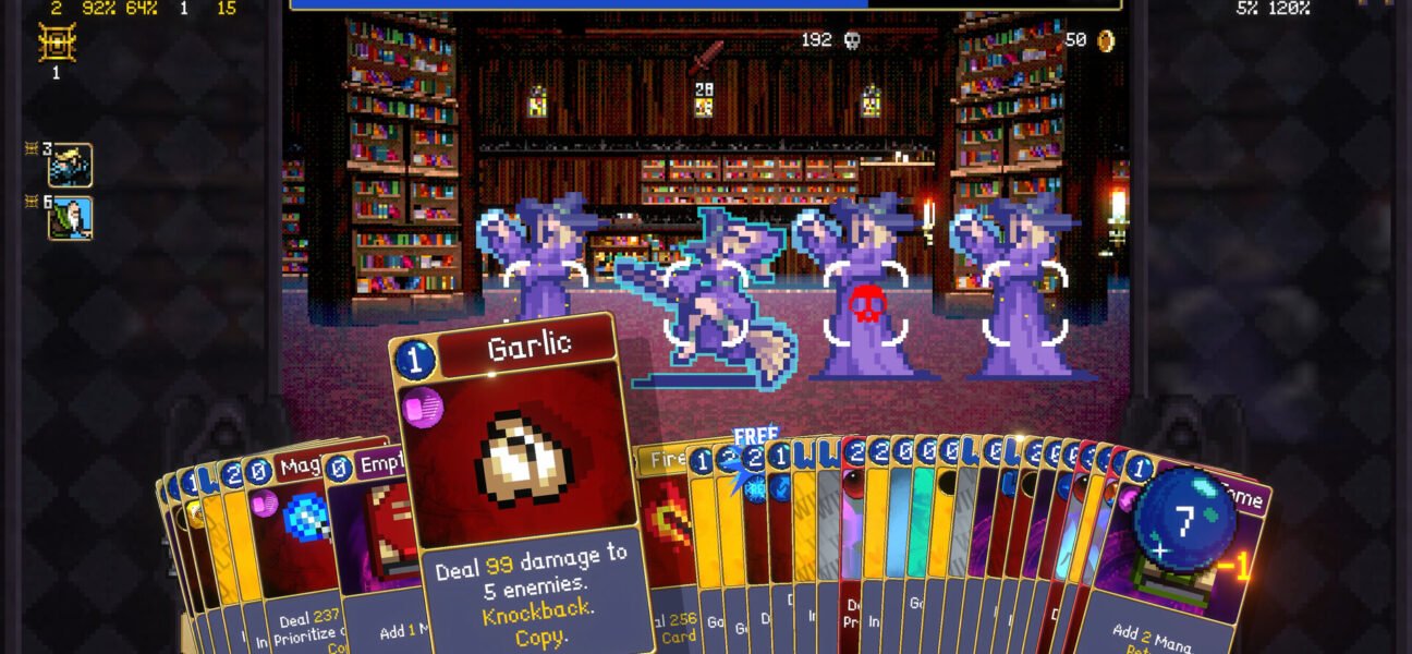 Gameplay screenshot from Vampire Crawlers showing turn-based combat with enemy witches and a hand of ability cards.