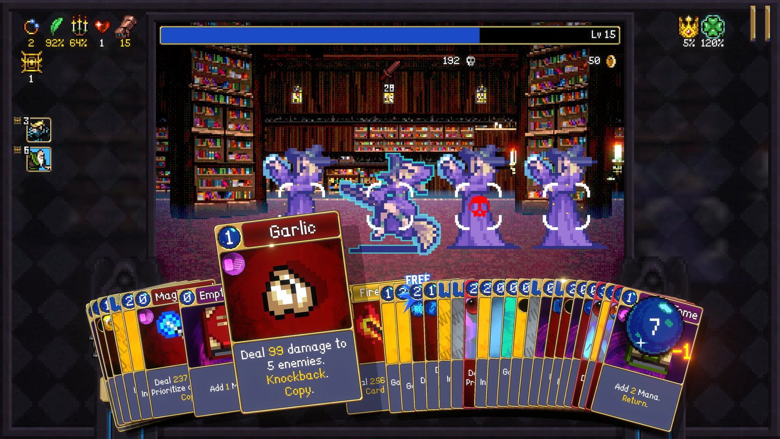 Gameplay screenshot from Vampire Crawlers showing turn-based combat with enemy witches and a hand of ability cards.