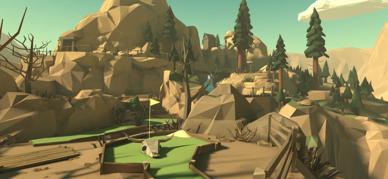 A low-poly desert canyon mini golf course from Walkabout Minigolf, featuring cliffs, trees, and a small putting green.