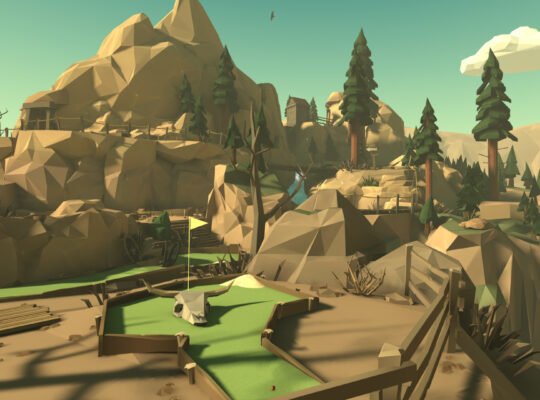 A low-poly desert canyon mini golf course from Walkabout Minigolf, featuring cliffs, trees, and a small putting green.