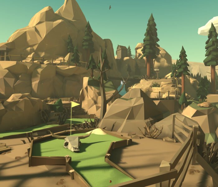 A low-poly desert canyon mini golf course from Walkabout Minigolf, featuring cliffs, trees, and a small putting green.
