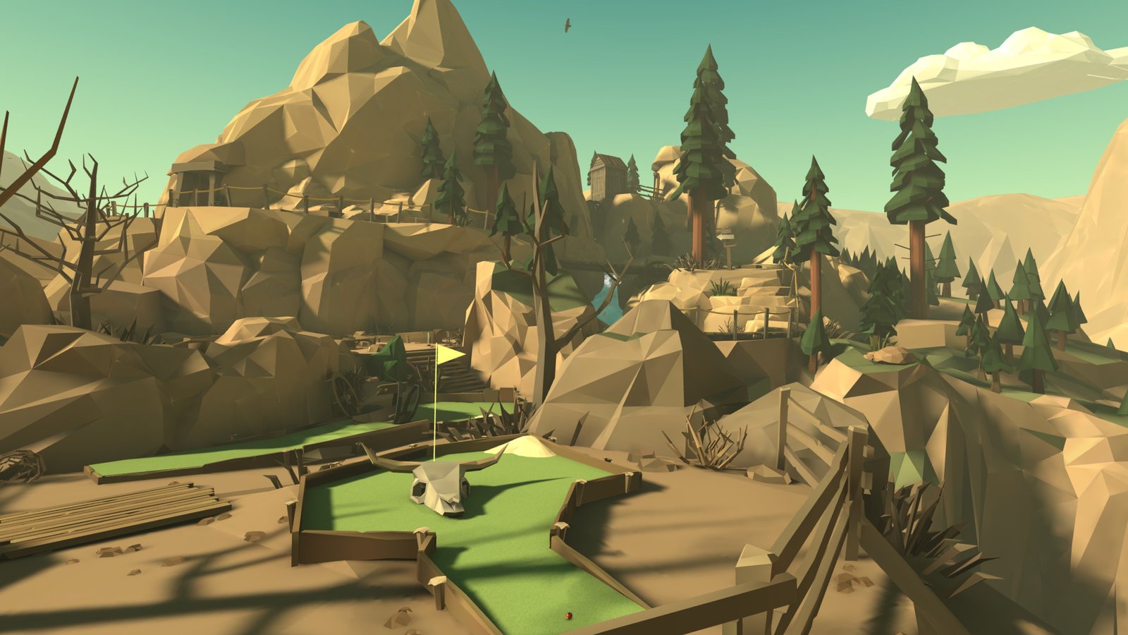 A low-poly desert canyon mini golf course from Walkabout Minigolf, featuring cliffs, trees, and a small putting green.
